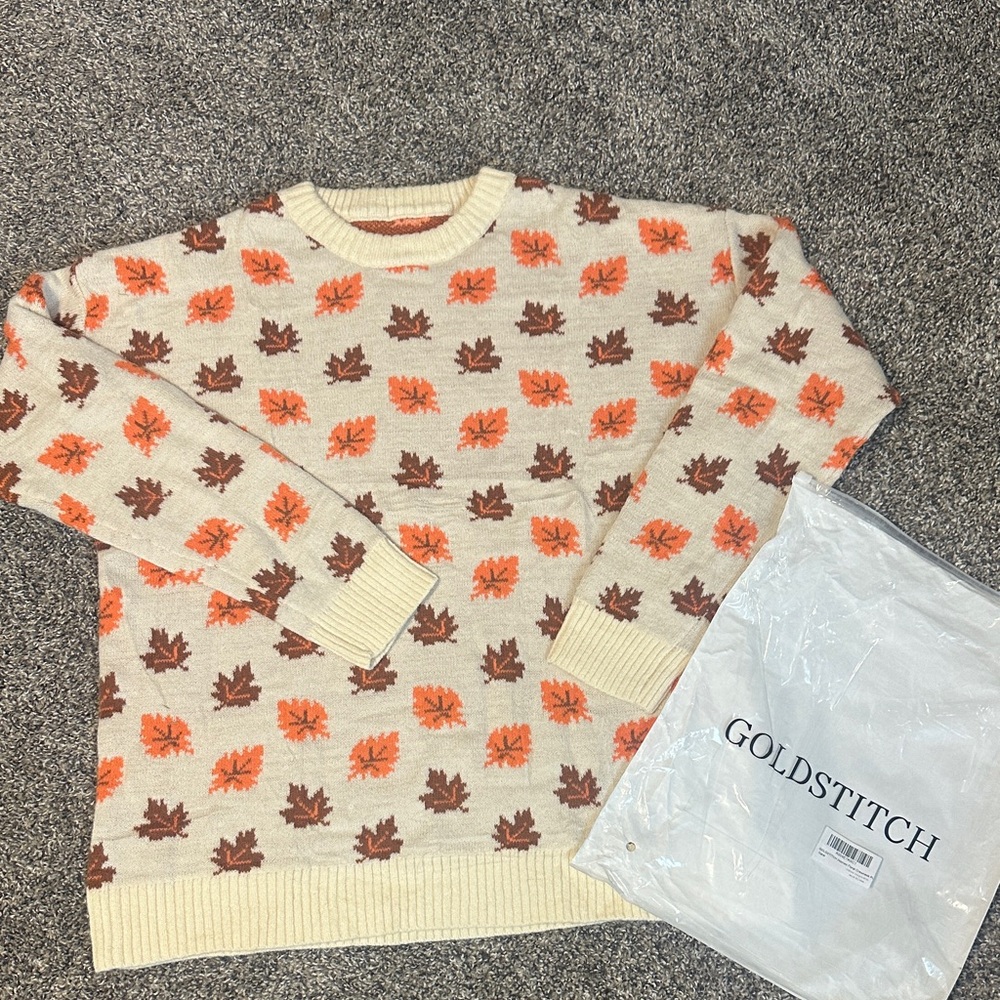 Women's Leaf Pattern Sweater - Cream and Brown